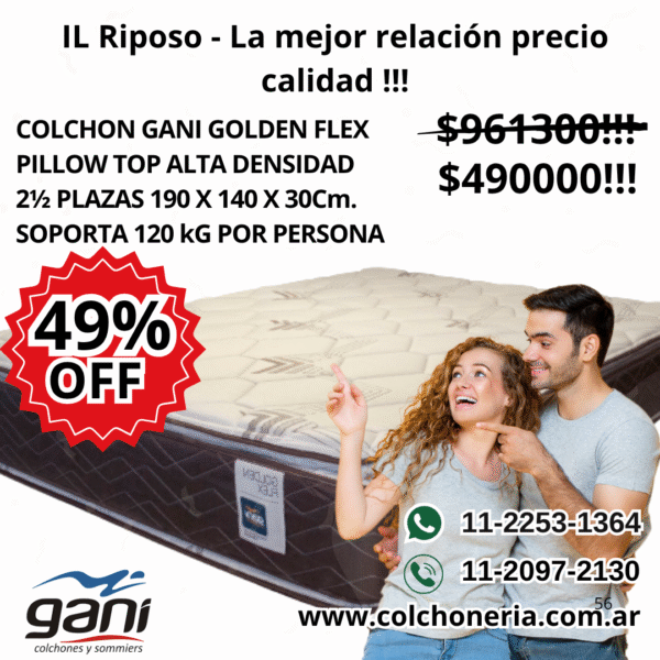 Gani Golden Flex Colchón Pillow Top 2 1/2 Plazas 190 x 140 x 30 cm