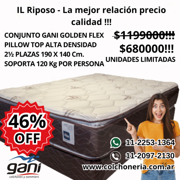 Gani Golden Flex Colchón y Sommier Pillow Top 2 1/2 Plazas 190 x 140 cm