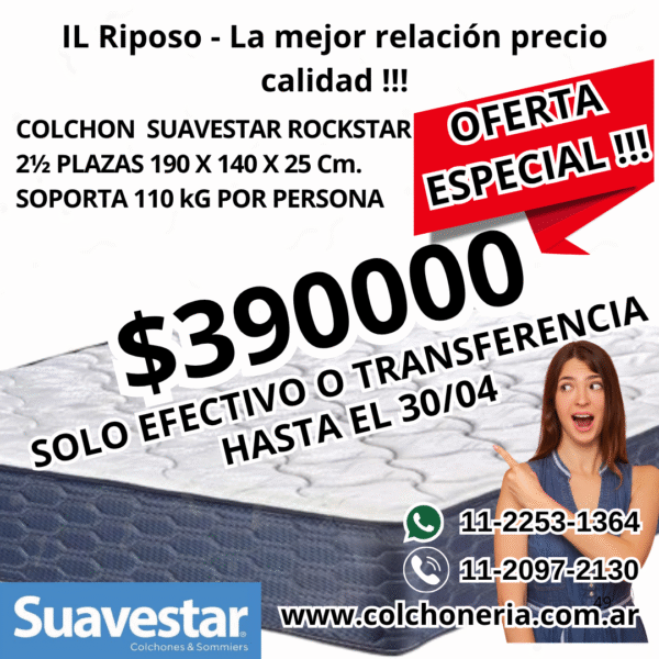 Suavestar Rockstar Colchón 2 1/2 Plazas 190 x 140 x 25 Cm.