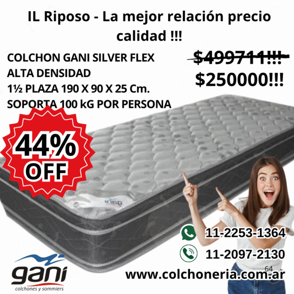 Nuevo Gani Silver Flex Colchón 1 1/2 Plaza 190 x 90 x 25 Cm.