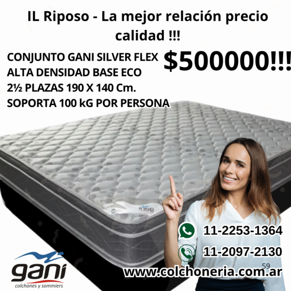 Nuevo Gani Silver Flex Colchón y Sommier Ecocuero 2 1/2 Plazas 190 x 140 x 25 cm.