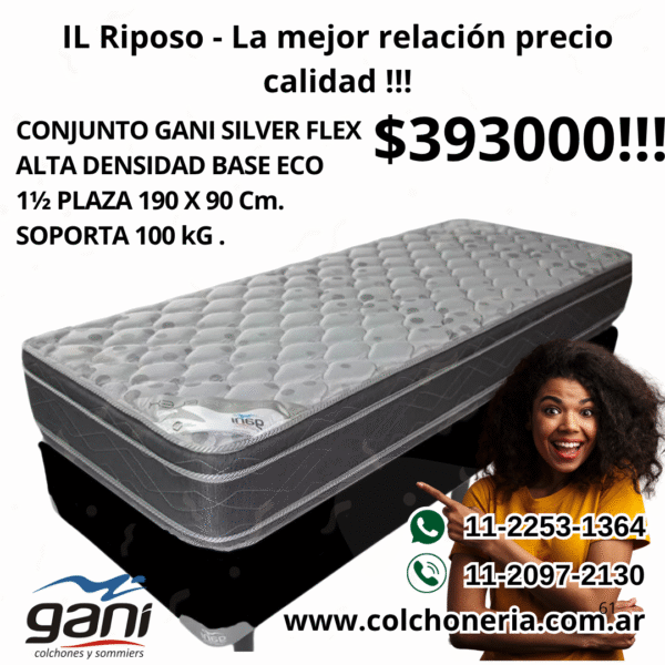 Nuevo Gani Silver Flex Colchón y Sommier Ecocuero 1 1/2 Plaza 190 x 90 cm.