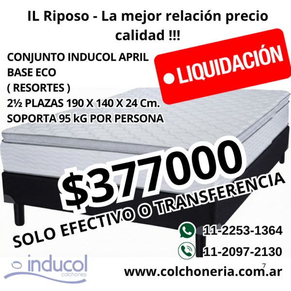 Inducol April Colchón y Sommier Eco 2½ Plazas 190 x 140 Cm.