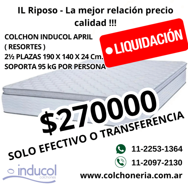 Inducol April Pillow Top Colchón 2 1/2 Plazas 190 x 140 x 24 Cm.