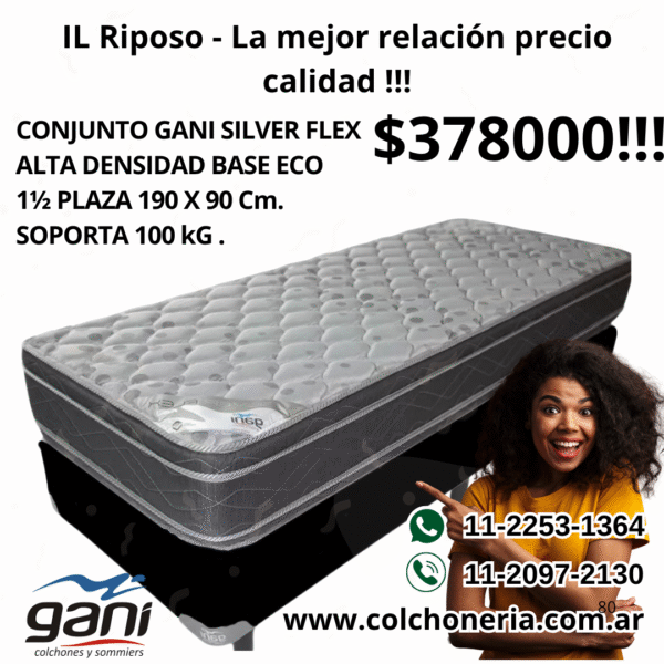 Nuevo Gani Silver Flex Colchón y Sommier Ecocuero 1 1/2 Plaza 190 x 90 cm.